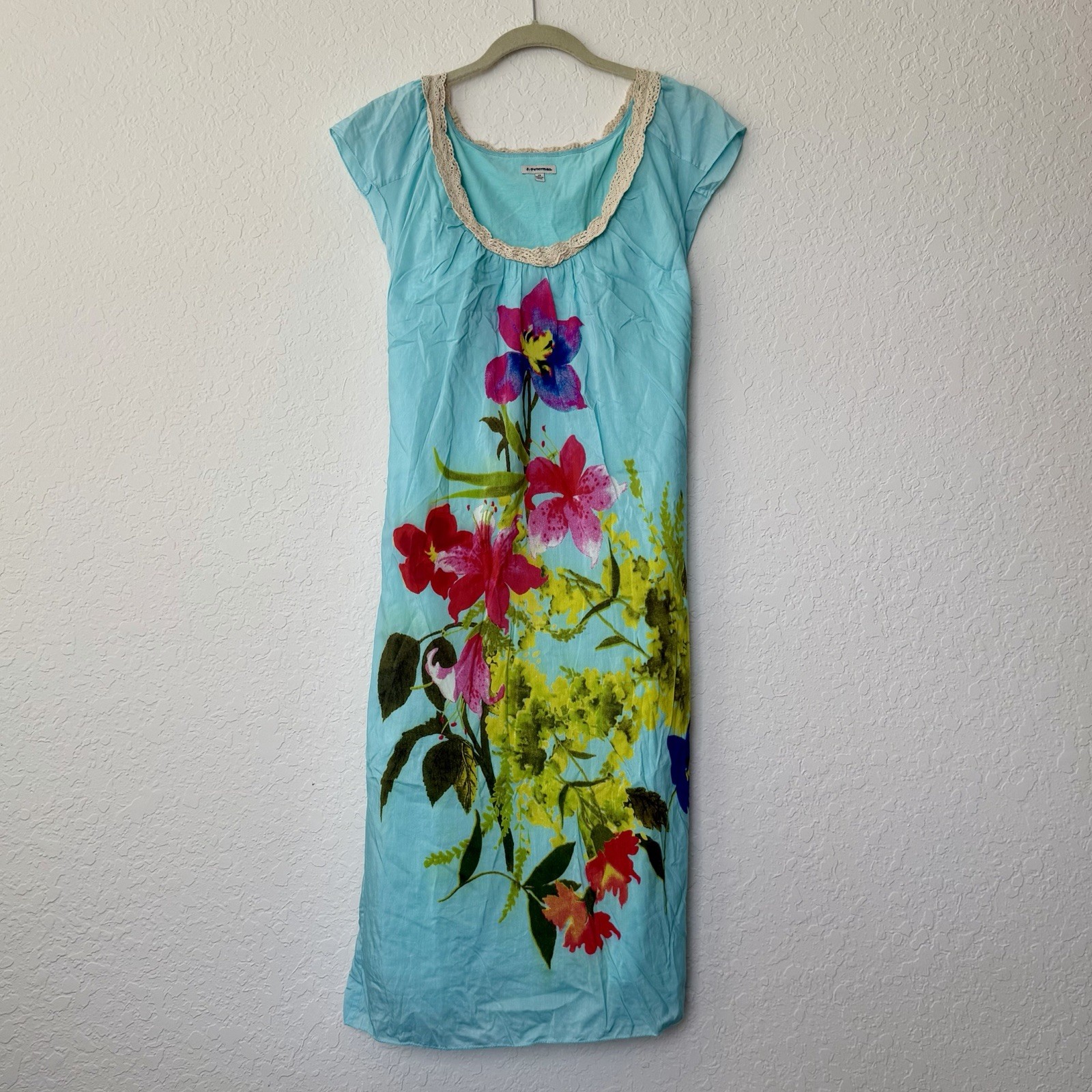 J. Peterman Midi Maxi Dress Mumu Size 14 Blue Cotton Silk Floral Boho Resort