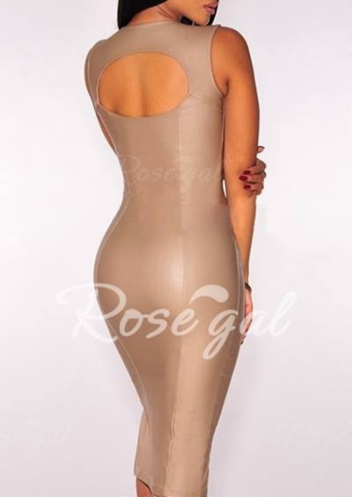 Celebrity Style Party Dance Beige Spandex Side Slit Open Back Bodycon Dress Sz L