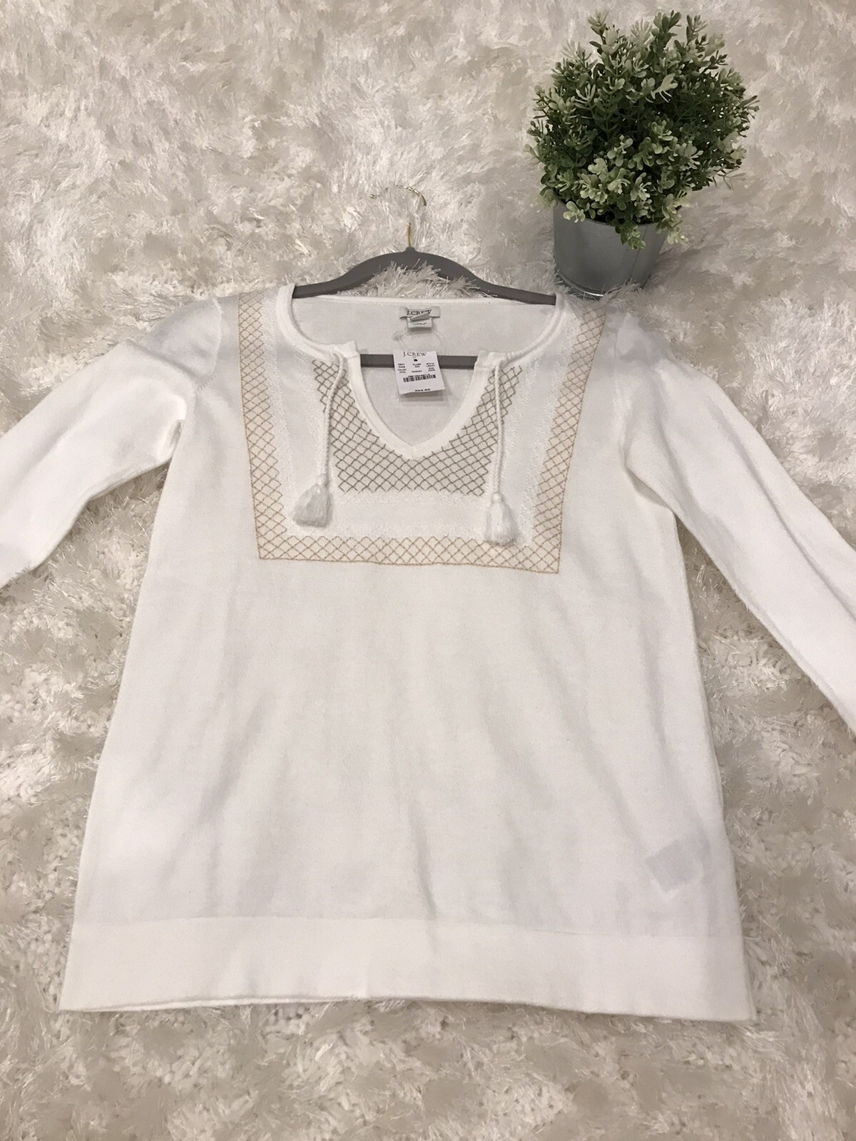 J.Crew Factory Ivory Embroidered V-Neck Sweater XXS NWT