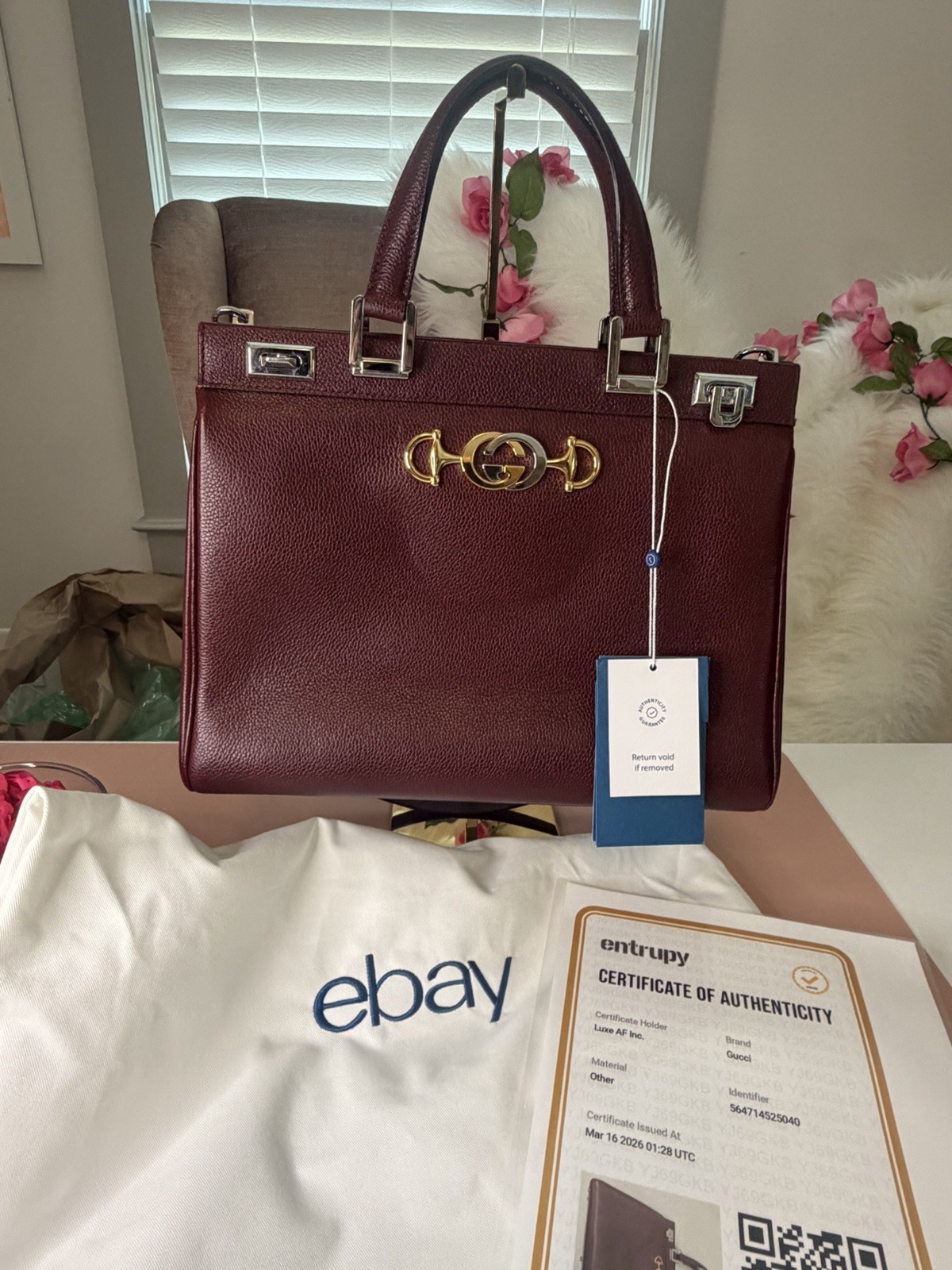 Gucci Zumi Grained Leather Medium Top Handle Shoulder Bag Burgundy Entrupy COA