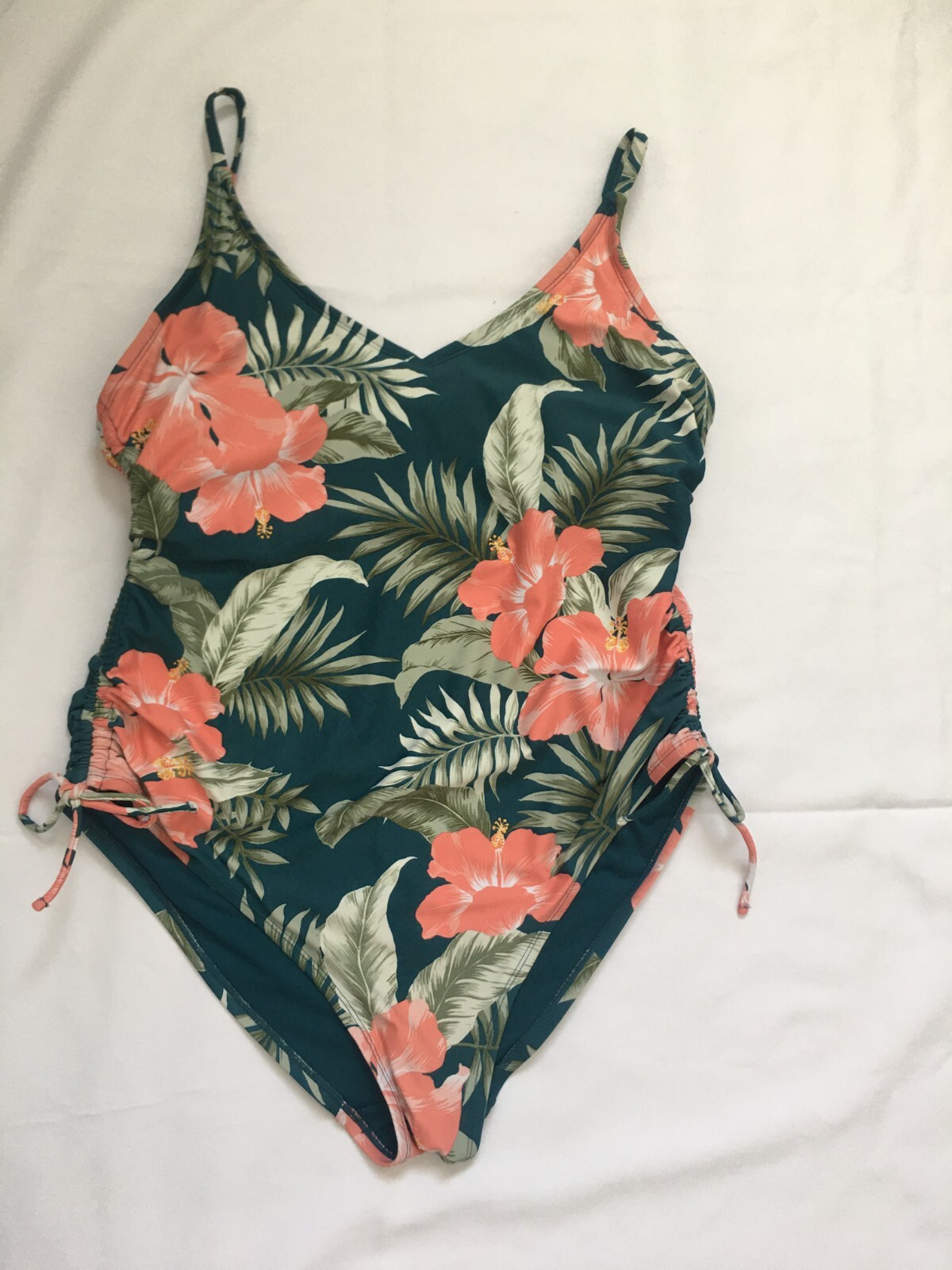 Kona Sol Womens Swimsuit One Piece Swimwear Green Floral Tropical Side Cinch…