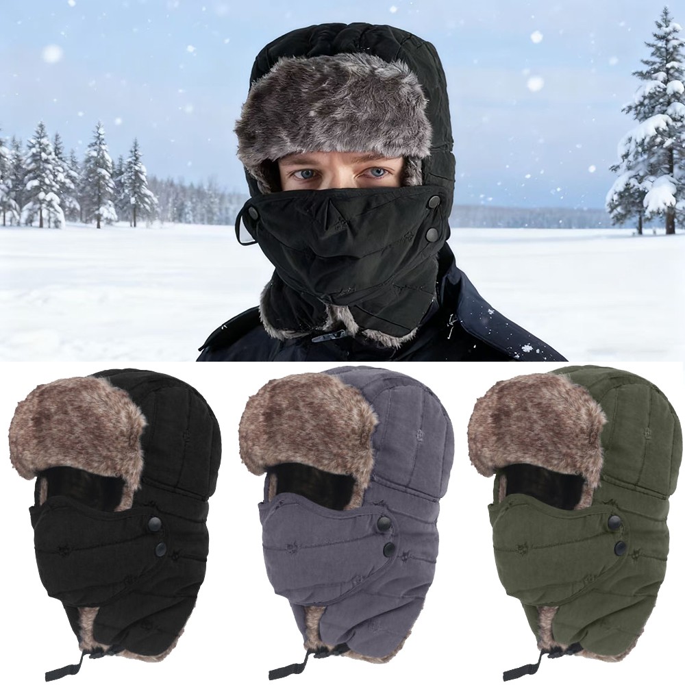 Winter Thermal Fur Lined Aviator Hat with Ear Flap Full Face Cover for Men Women