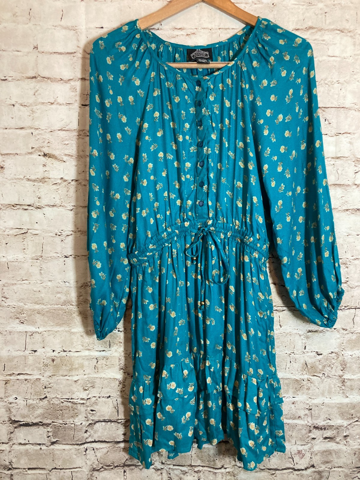 Angie Boho Dress Womens Medium Dark Teal Ditsy Floral Balloon Sleeve Hippie