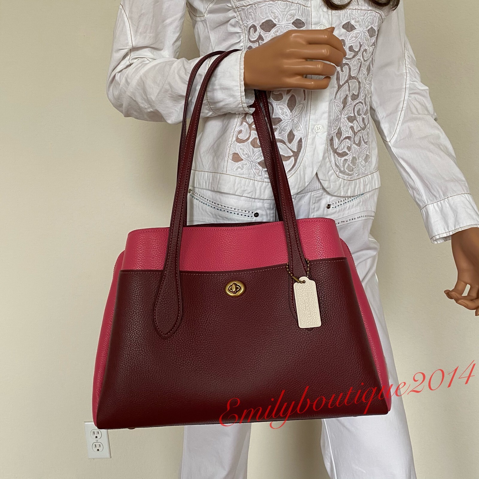 NWT Coach 654 Lora Carryall In Colorblock Wine Pink Pebble Leather Shoulder Bag