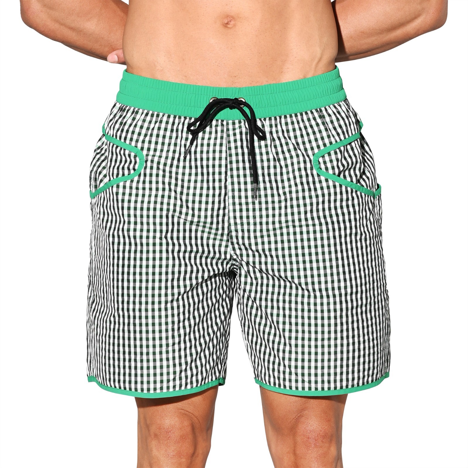 Men’s Lightweight Pocket Board Shorts Fast Dry Surf Lining Swimwear Plaid B4570