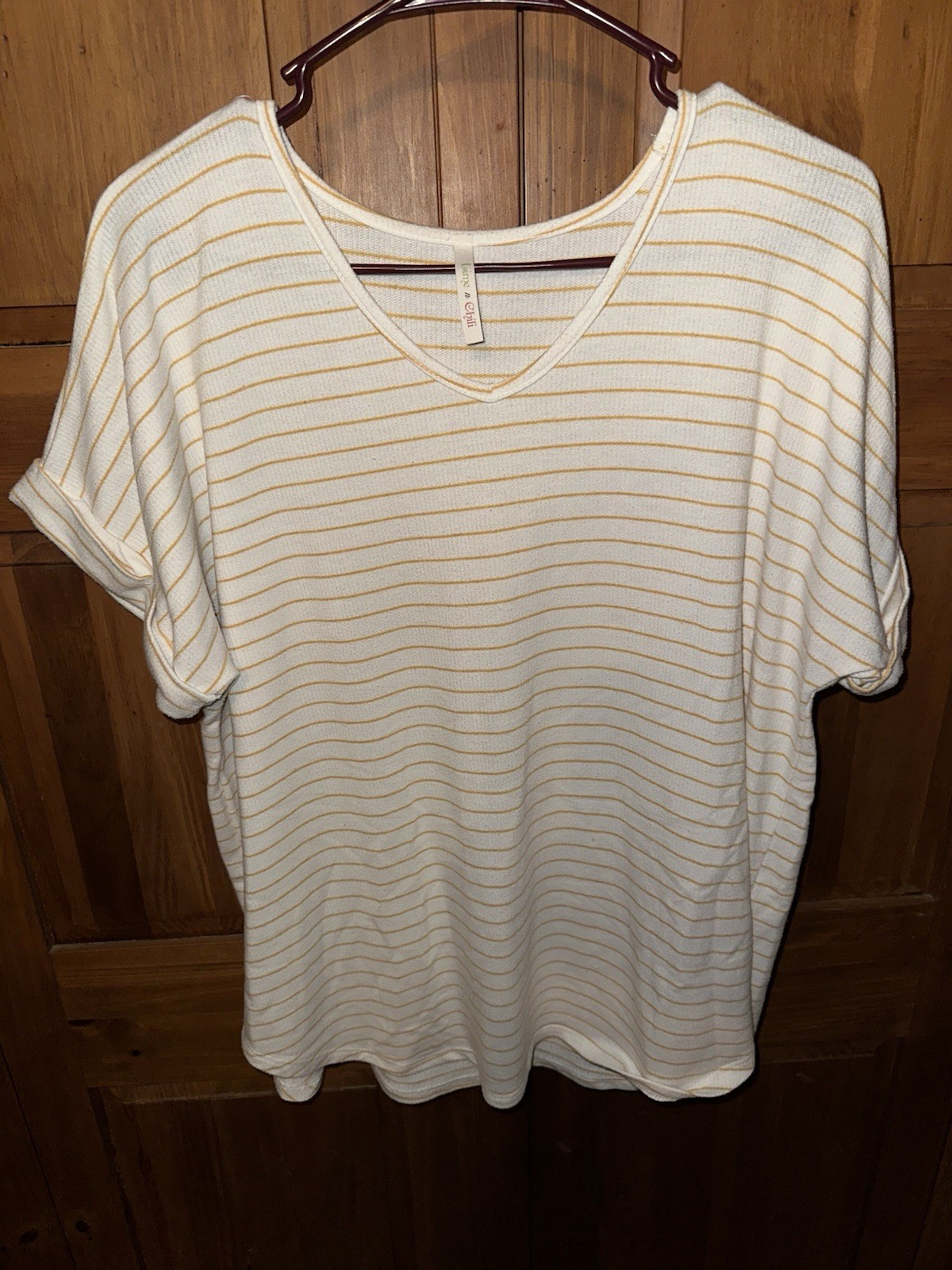 Lime ‘N’ Chili Waffle Knit Top Womens Large Yellow Mustard Striped V-Neck L Soft