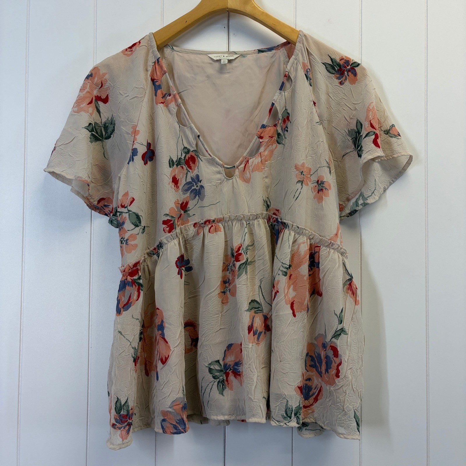 Lucky Brand Boho Floral Peplum Top Women Size M Cottage Romantic Summer Feminine