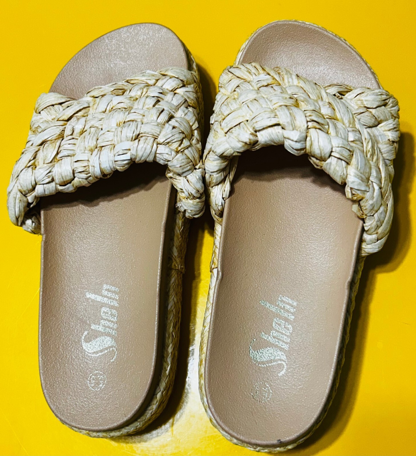 SheIn Woven Raffia Platform Slide Sandals Boho Braided Straw Beach Shoes 5.5