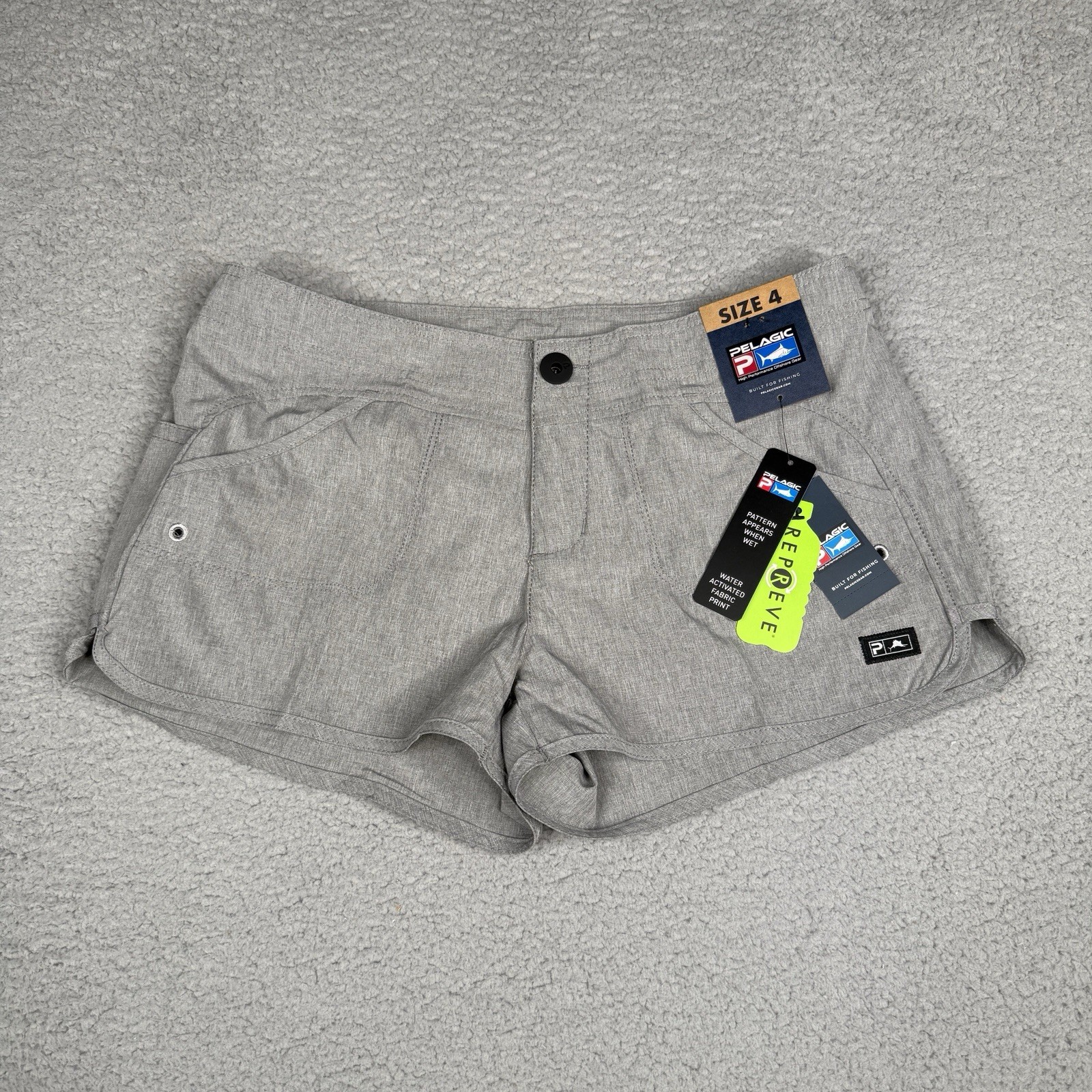 Pelagic Deep Sea Board Shorts Womens Size 4 Gray Fish Print Water Activated NWT