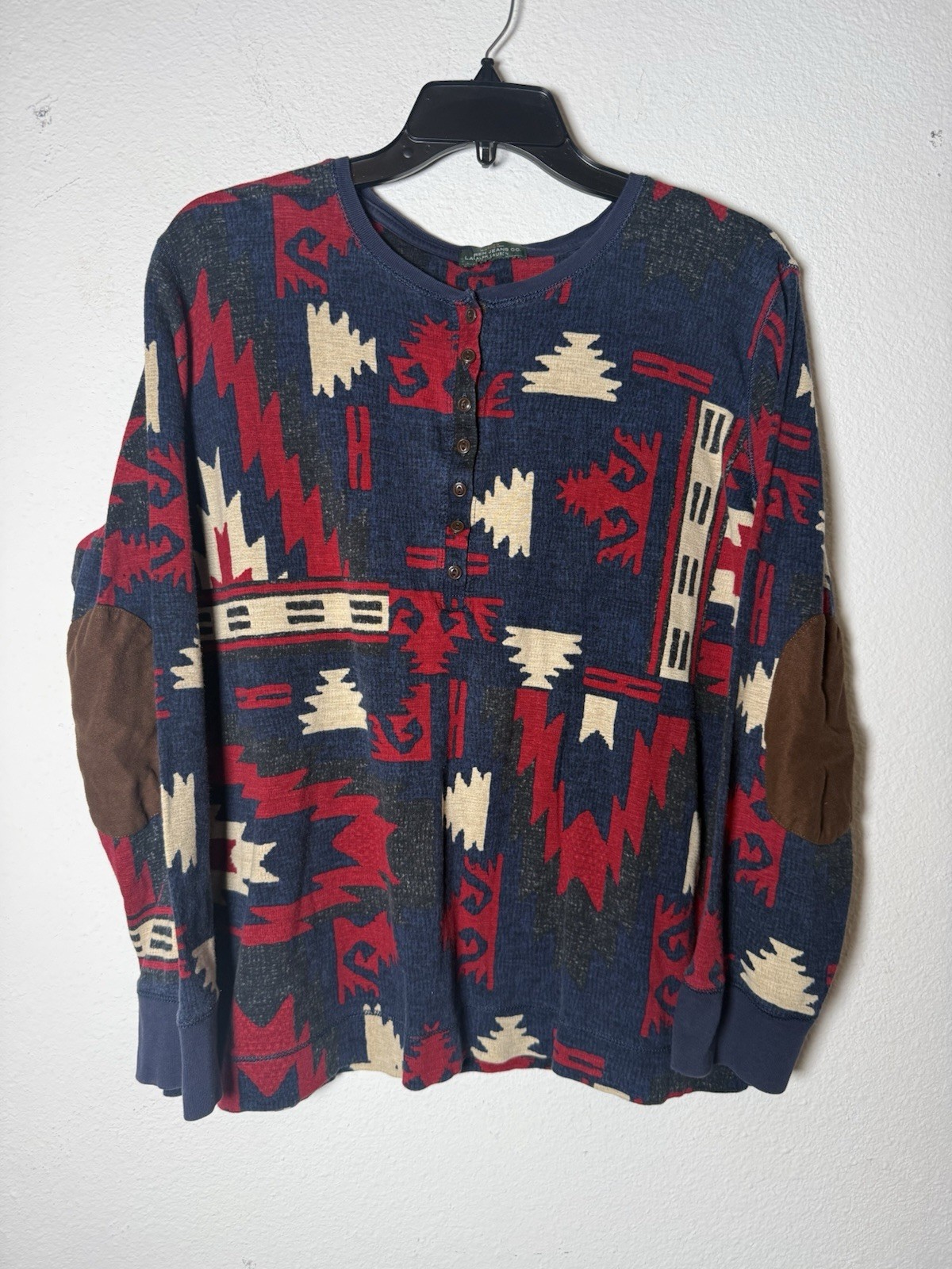 Ralph Lauren Jeans Co Red Blue Aztec Southwestern Elbow Patch Henley Women