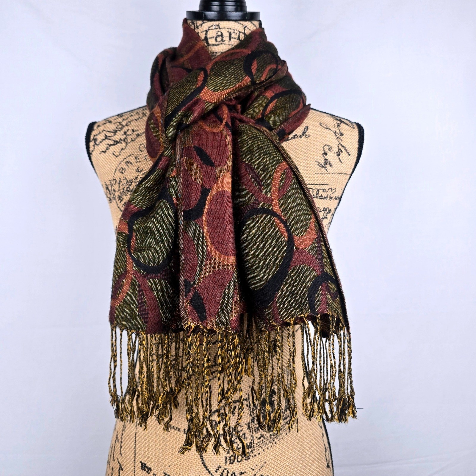 Pashmina 100% Pashmina Scarf Wrap Burgundy Copper Geometric Circle Fringe Shawl