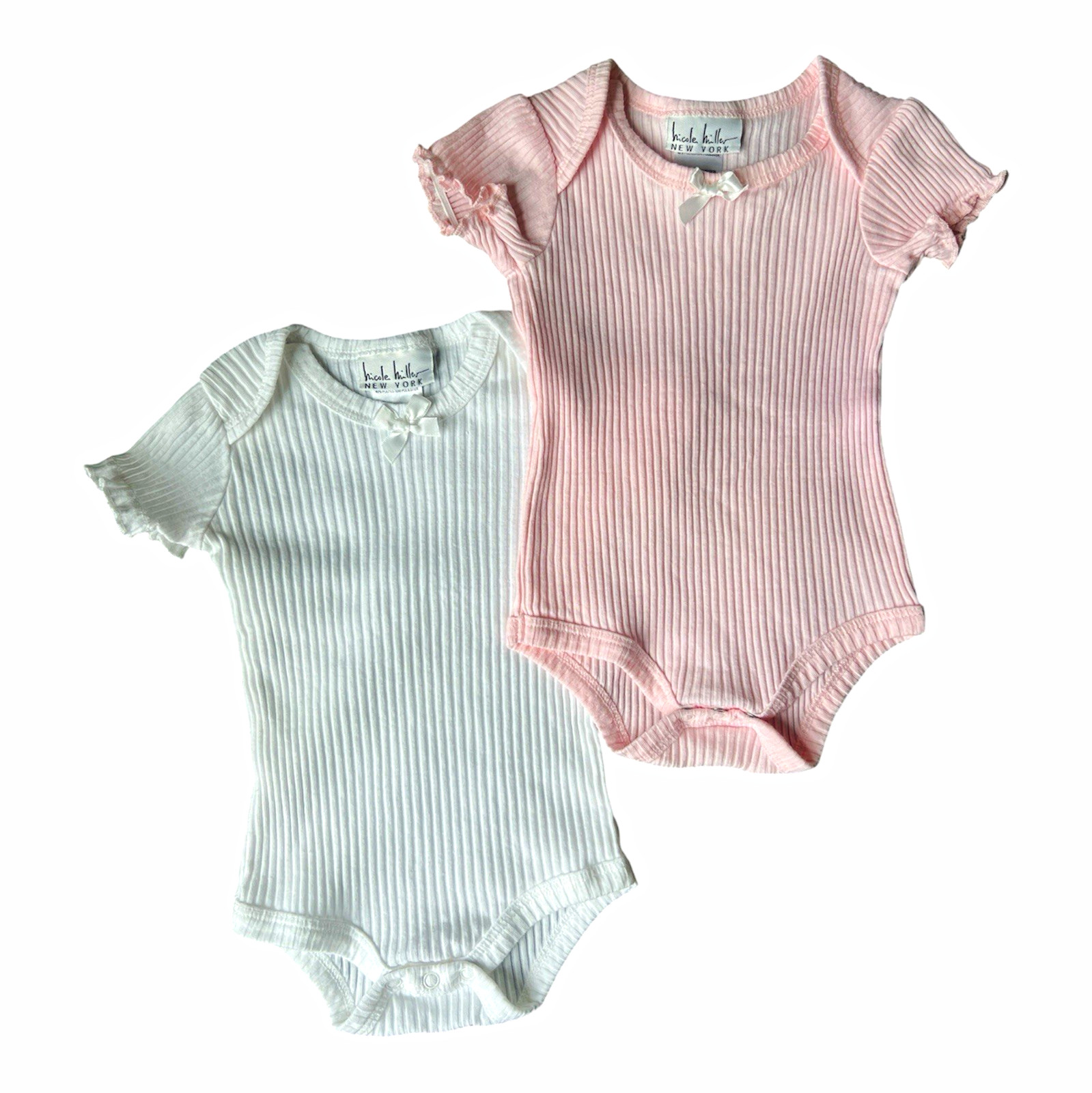 Nicole Miller New York Baby Girl 6-9M Ribbed Bodysuit 2 Pack Pink White Cute EUC