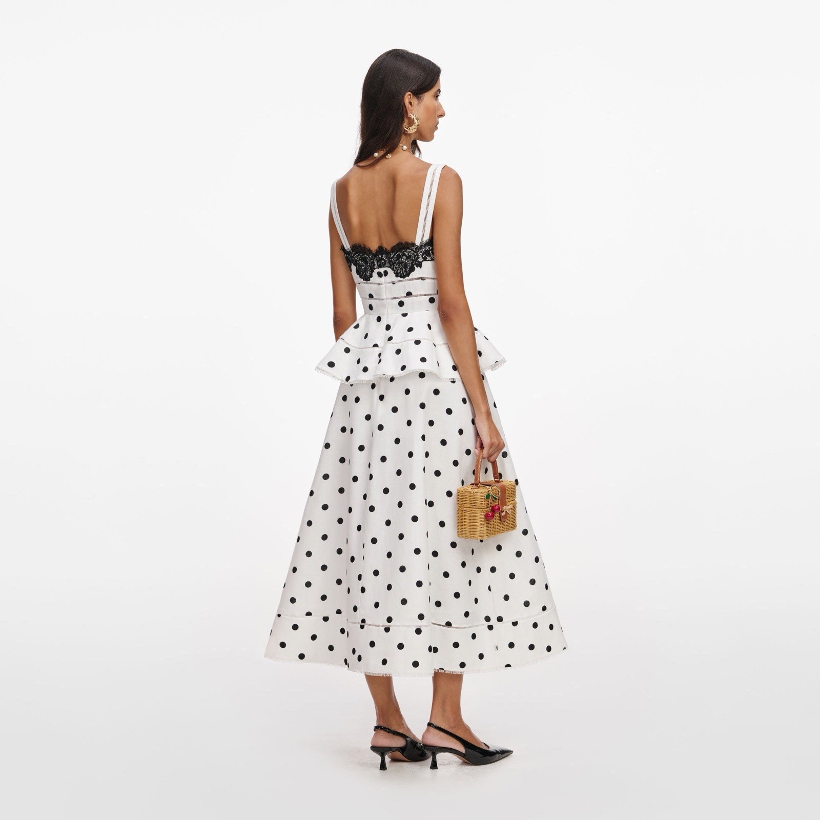 self portrait WHITE POLKA DOT LINEN MIDI DRESS $ 685 Size US 2 UK 6