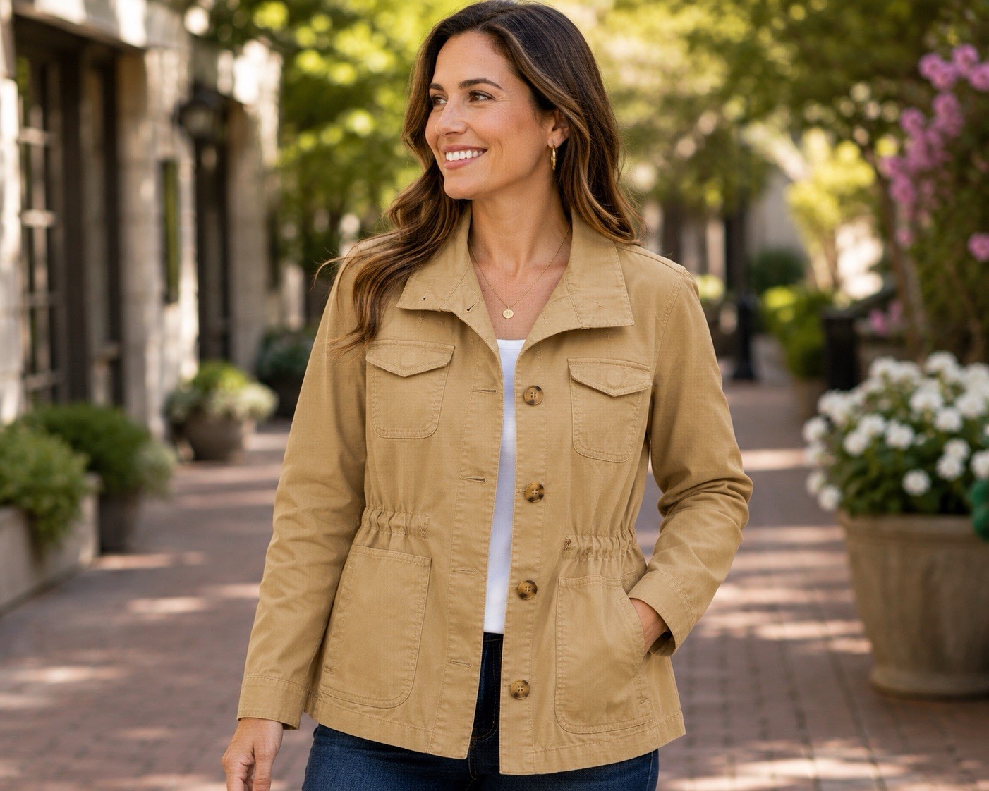 Talbots Petites Safari Utility Jacket PS Tan Beige Military Travel Cotton Blend