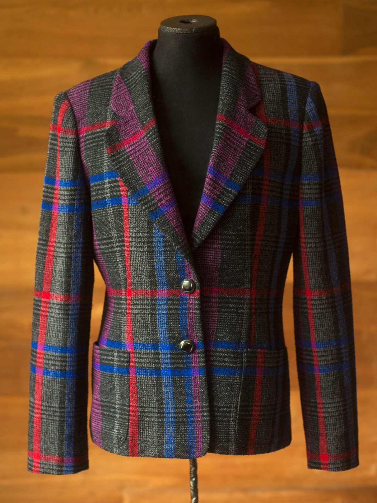 Emanuel Ungaro Collection Plaid Wool Jacket Blazer Gray Pink Blue IT 42 US 6