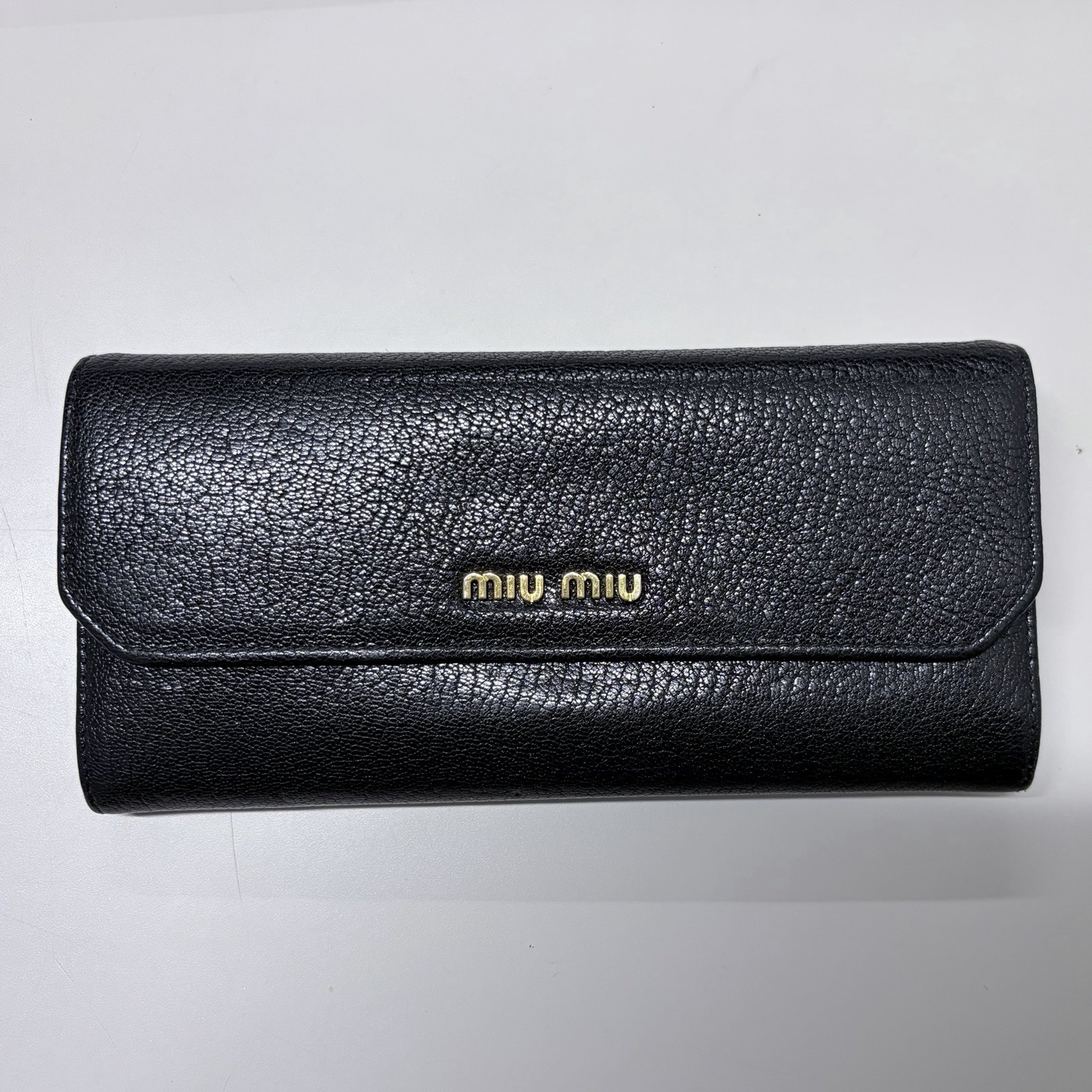 Miu Miu Long Wallet Black Leather Gold Hardware Zip Pocket Used