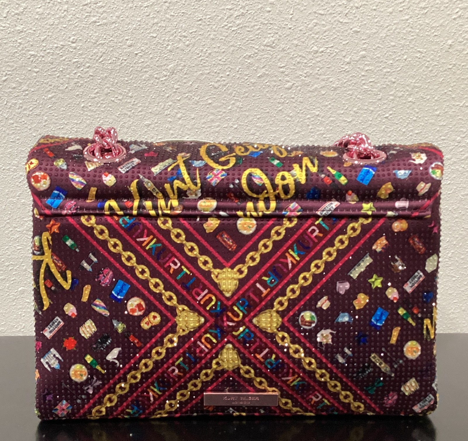 Kurt Geiger London Kensington 10.25″ x 6.5″ x 3.25″ Patches Pink Satin Crystals