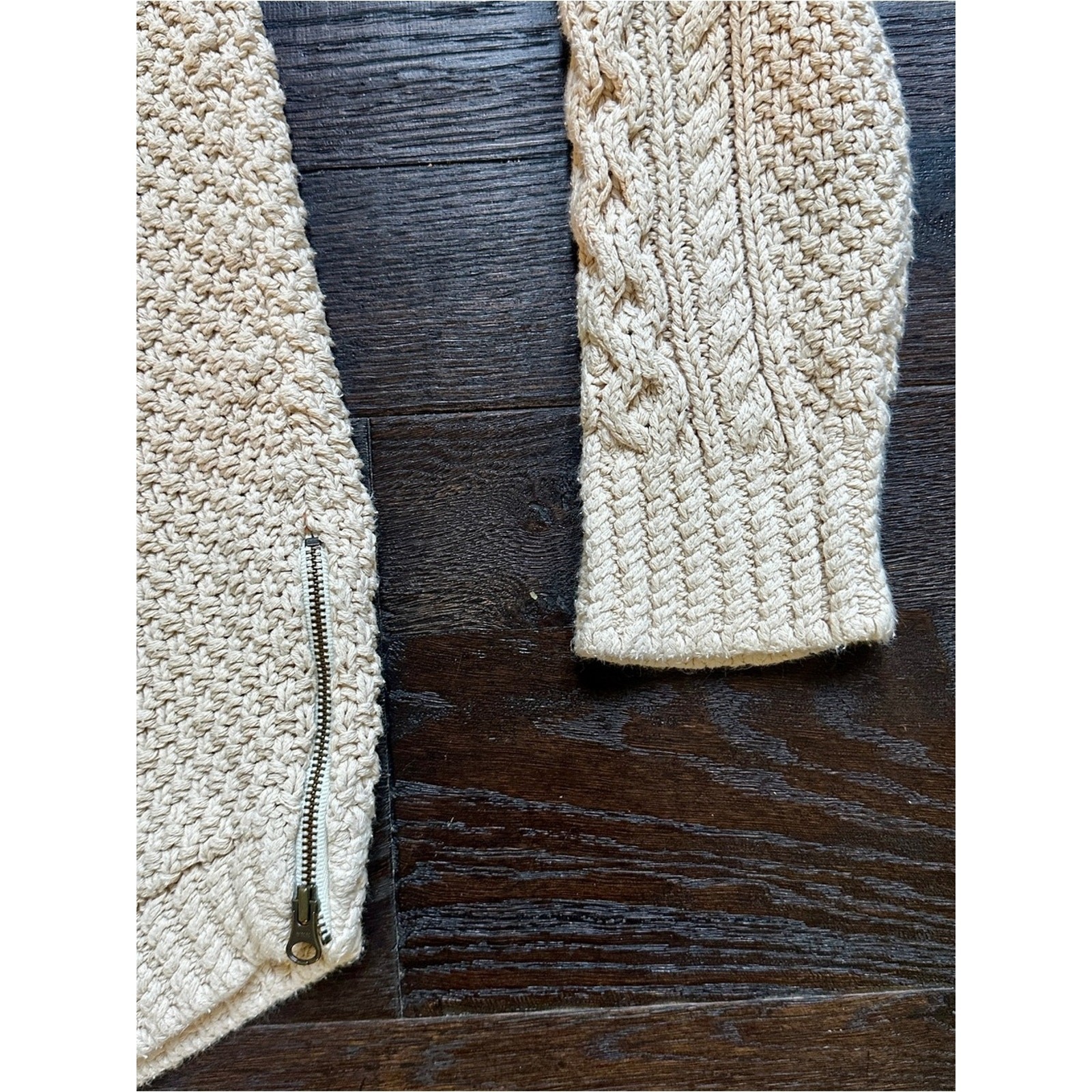 LL Bean Signature Cable-Knit Sweater Cream & Rust Size L 100% Cotton