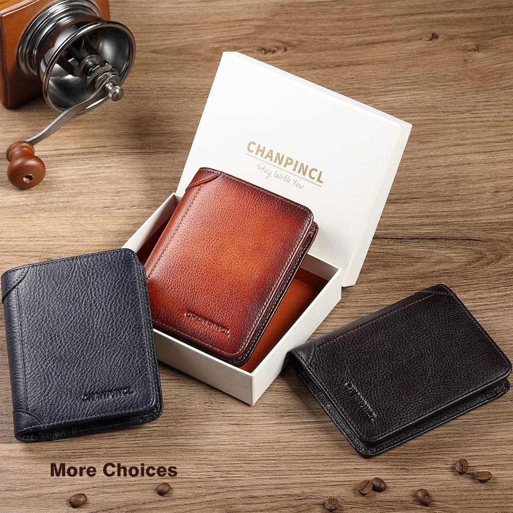CHANPINCL Mens Trifold Leather RFID Blocking 4.7 * 3.7 * 0.6 inches, Coffee