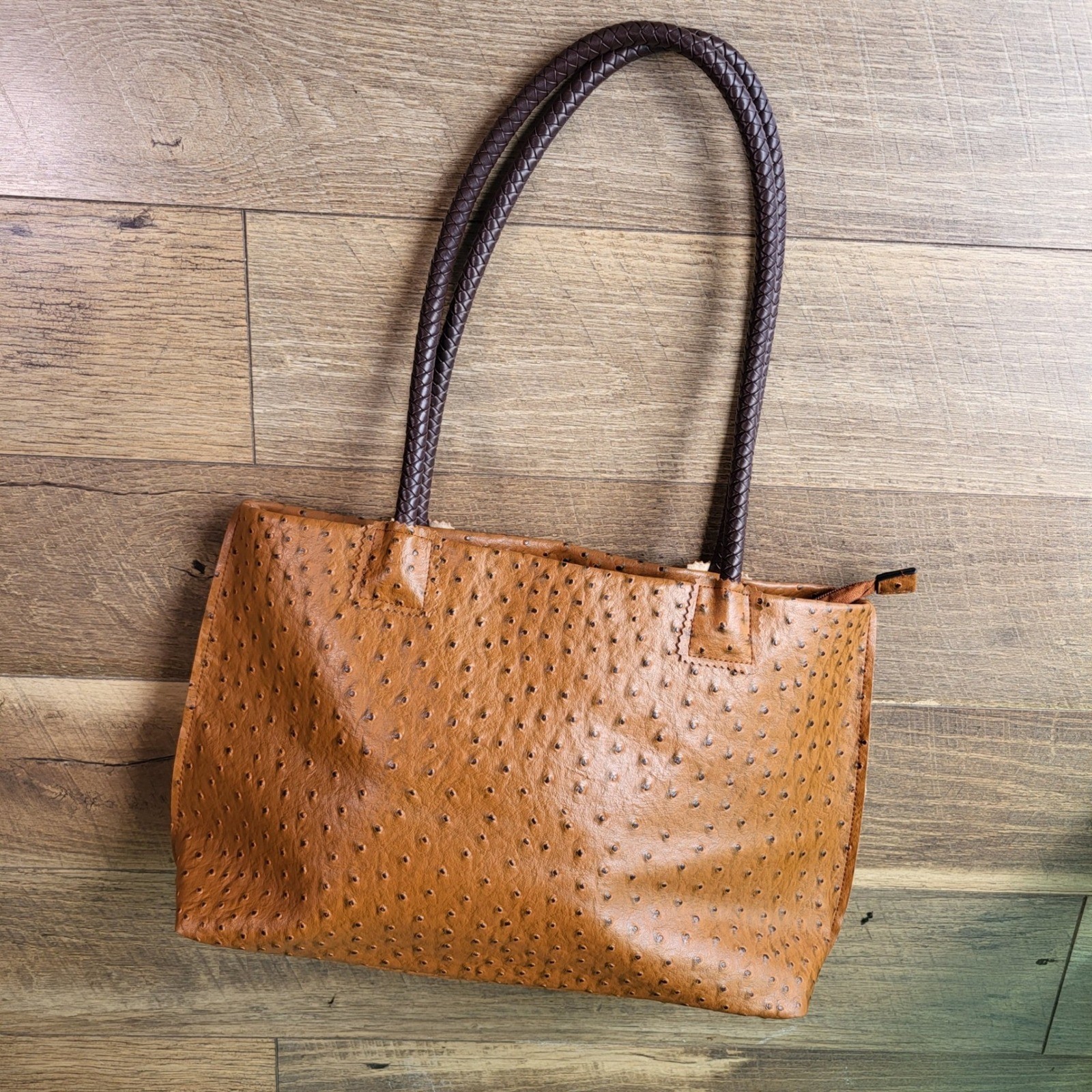 Cognac Ostrich Embossed Tote Bag Leopard Print Lining Braid Straps Brown Handbag