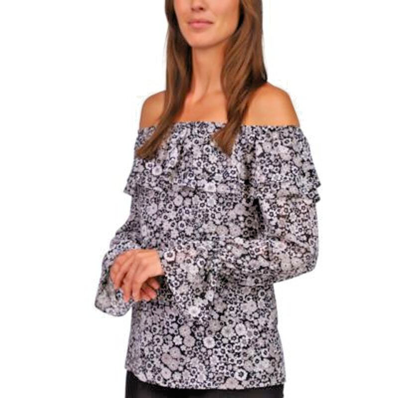 Michael Kors Women’s Black & Aluminum Gray Floral Print Off-the-Shoulder Blouse