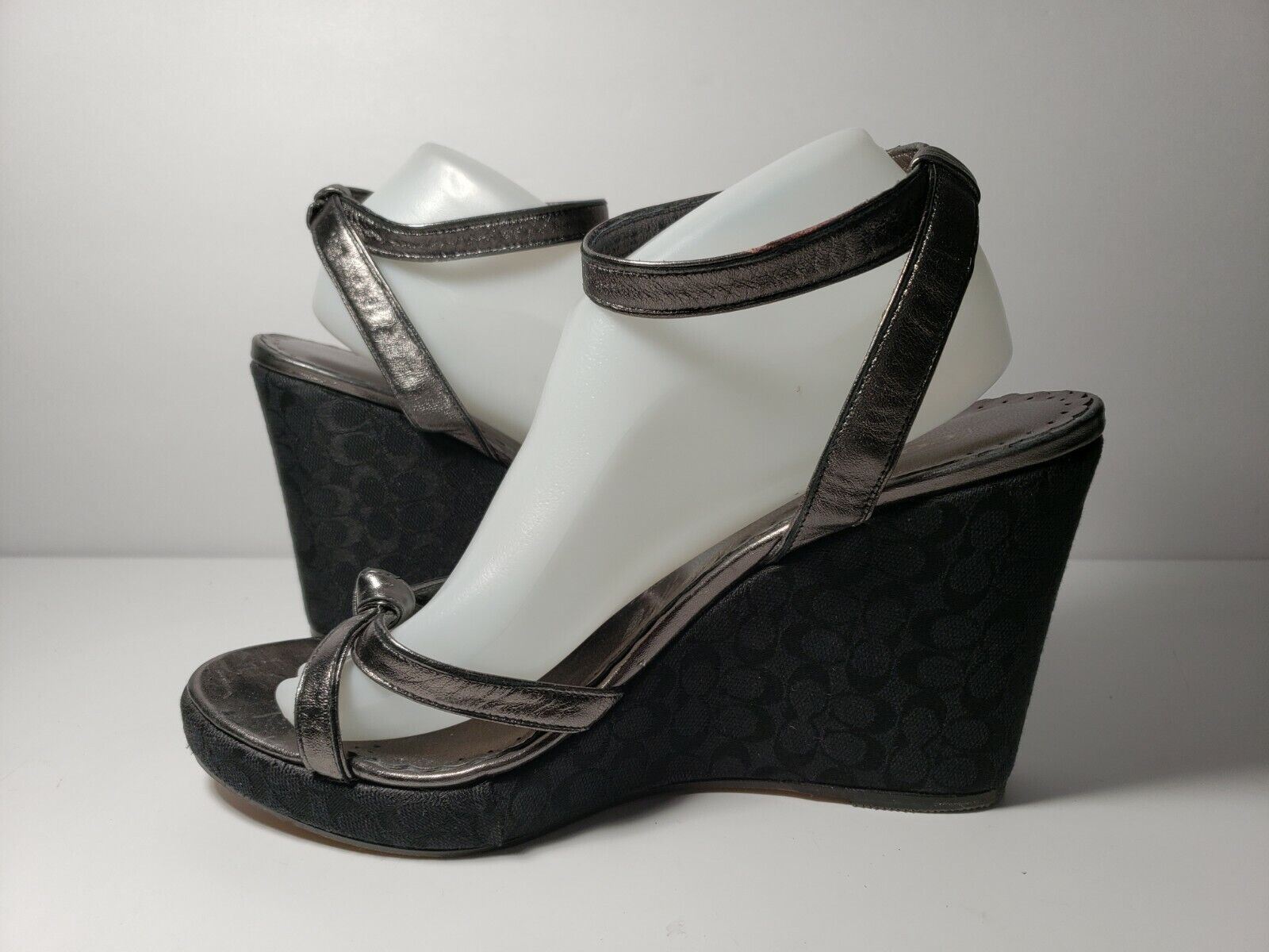Coach Women’s Pewter/Black CC Monogram Ankle Strap Platform Wedge – Size 10B
