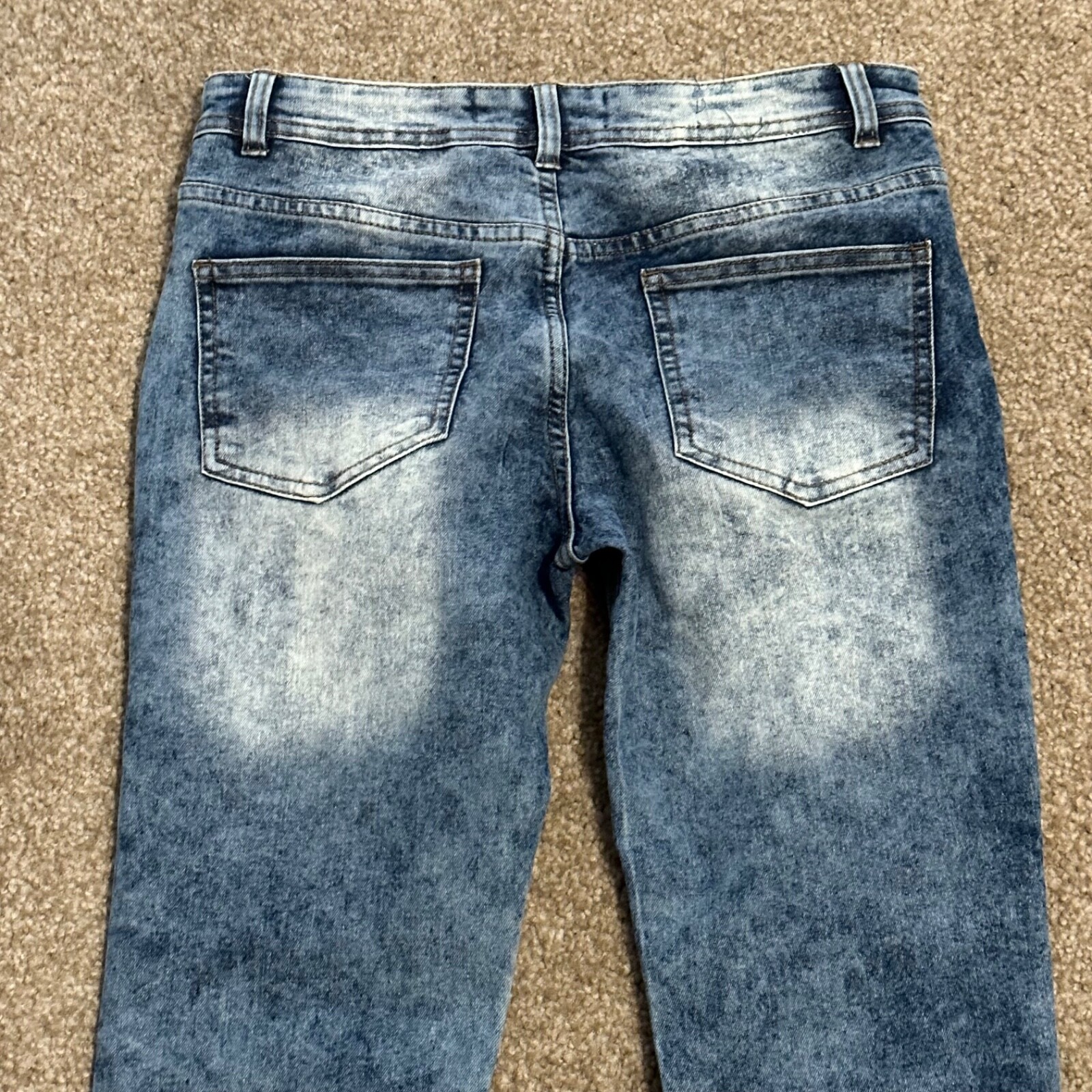 Mens Biker Jeans 30X30 Acid Wash Blue Moto Denim Ribbed Knee Zipper Slim Fit