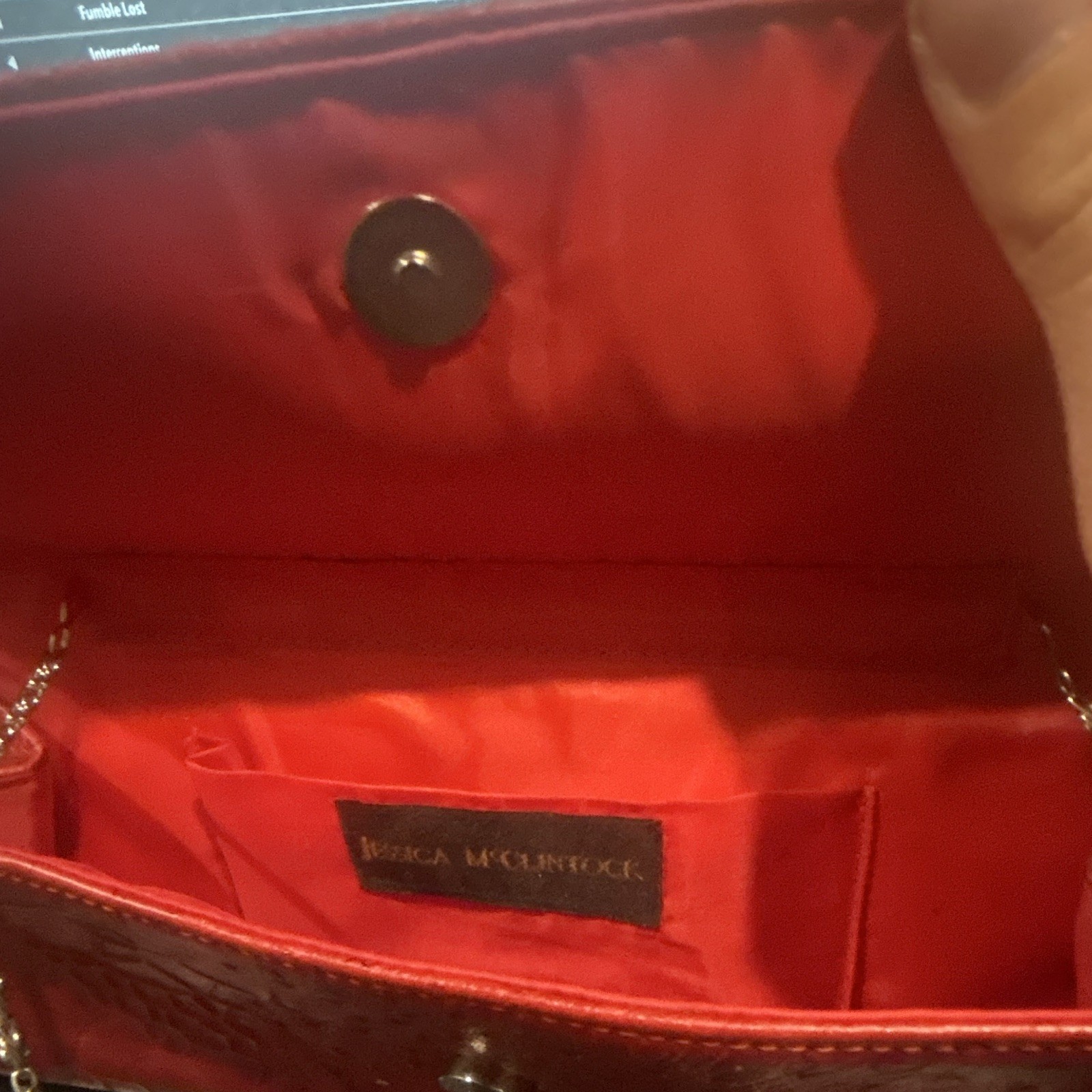 Jessica McClintock Red Animal Print Clutch Snap Lined Silver Chain Strap
