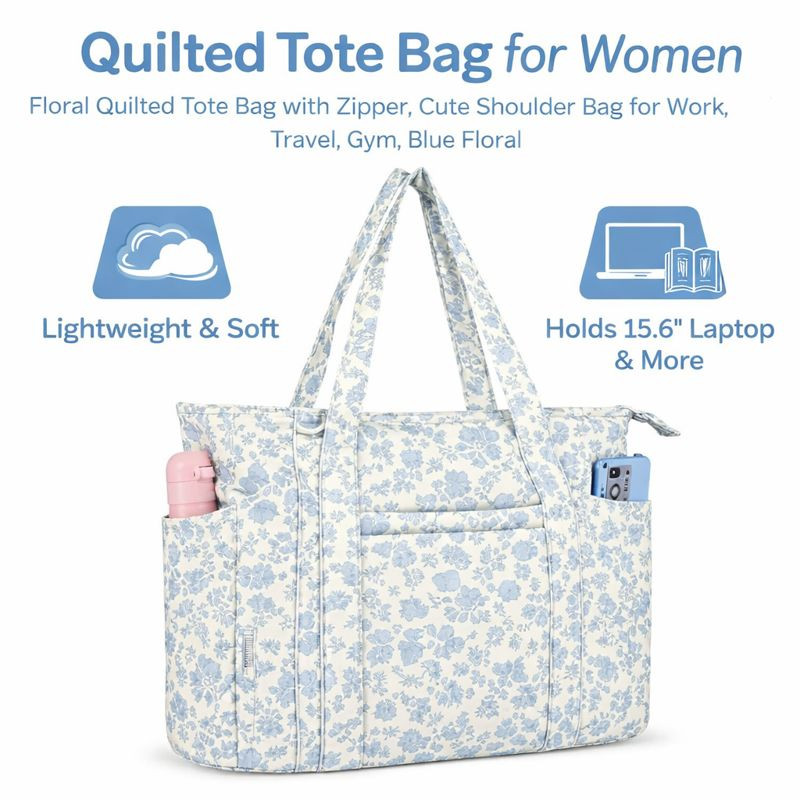 Quilted Tote Bag for Women, Lightweight Quilted Bag with Zipper, Blue Floral
