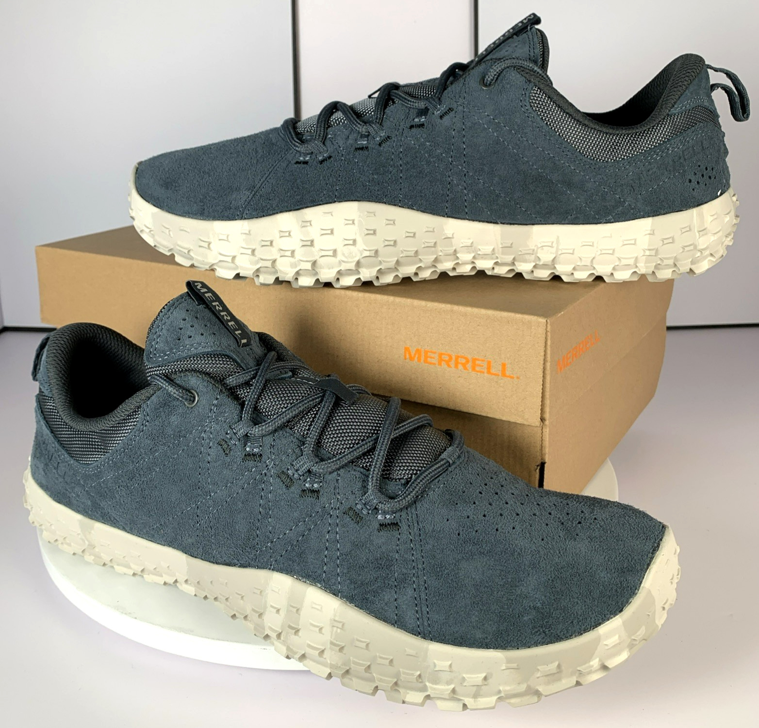 Merrell Mens Wrapt Slate Blue Gray Barefoot Minimalist Suede Sneaker Shoes, 13