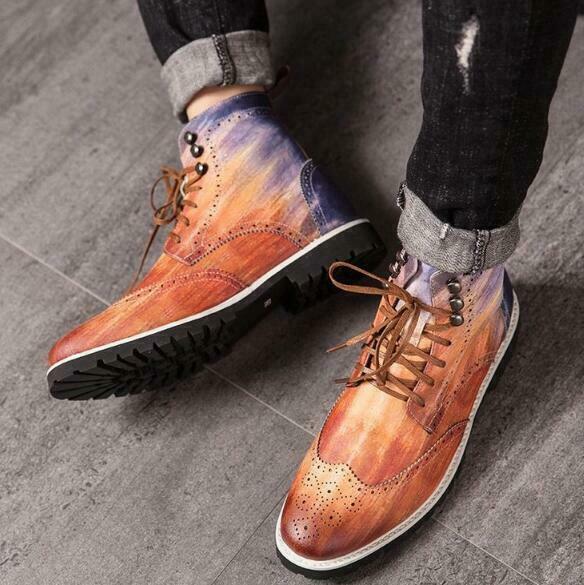 Mens High Top Brogue Shoes Carved Wingtip Lace Up Dress Casual Ankle Boots Hot