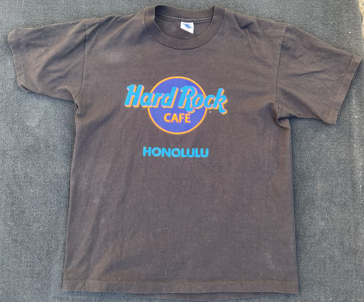 Men Sz L – VTG Hard Rock Cafe Honolulu Hawaii Black/Neon Blue 90s Single Stitch