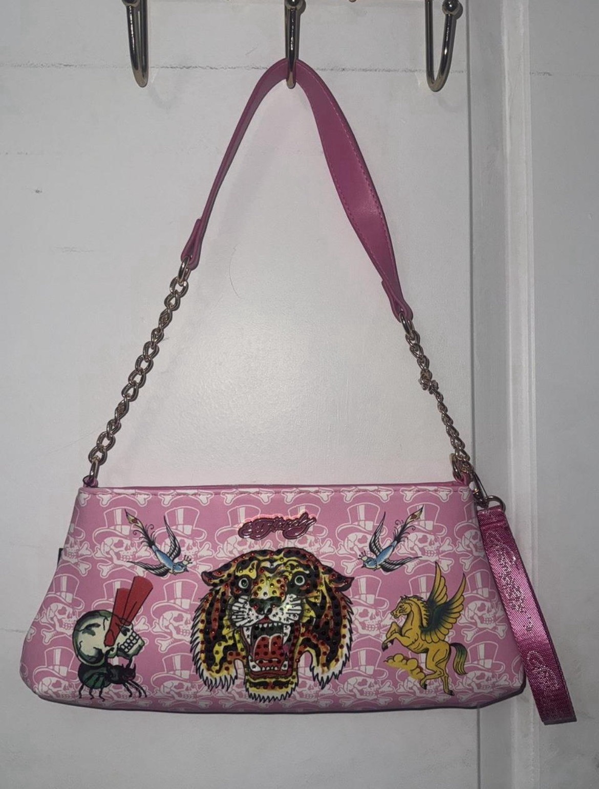 Ed Hardy Pink Skull Print Zip Wristlet Clutch w/ Chain Strap, Lined Pockets