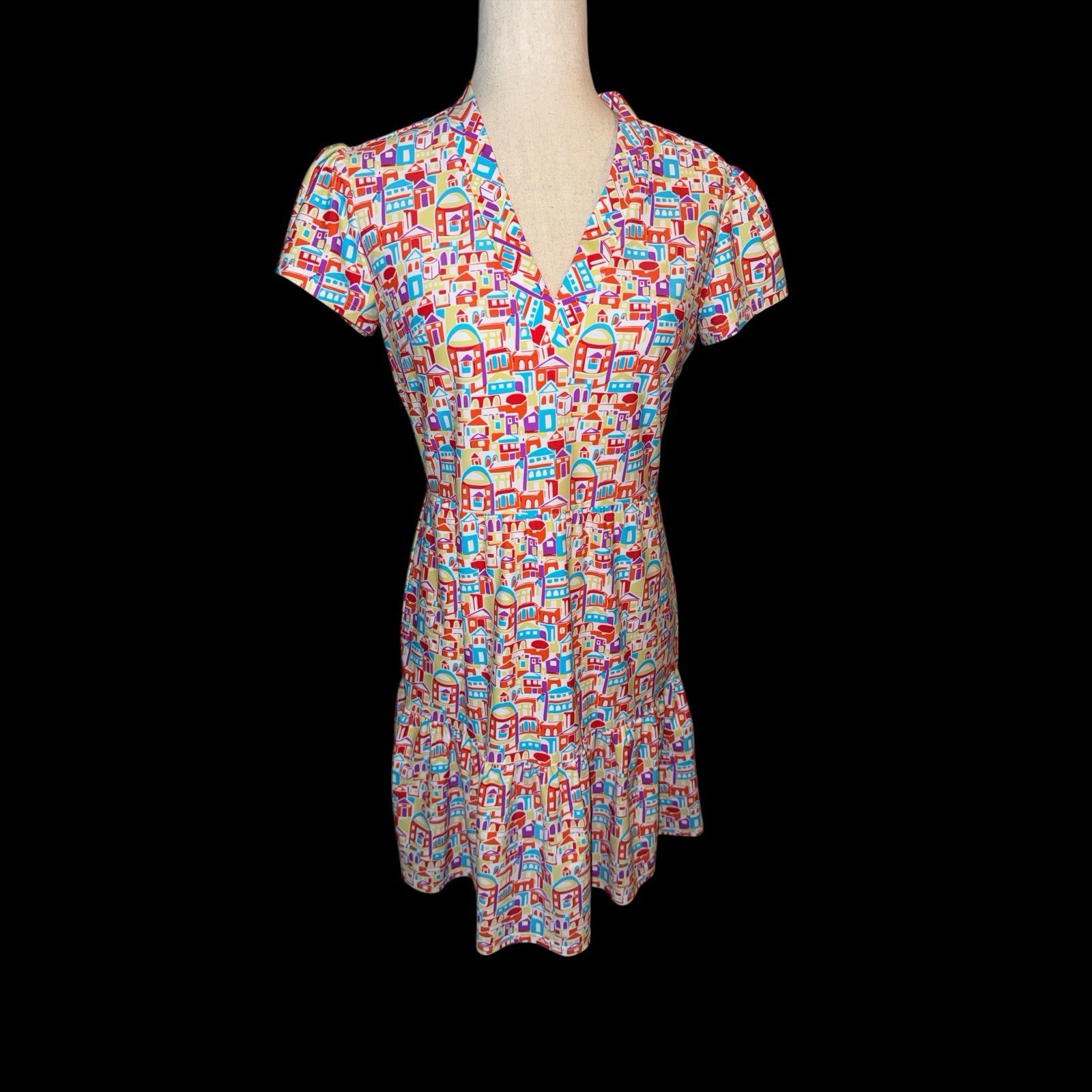 Jude Connally Colorful House Print Sz XS Women’s V-Neck Travel Summer Golf