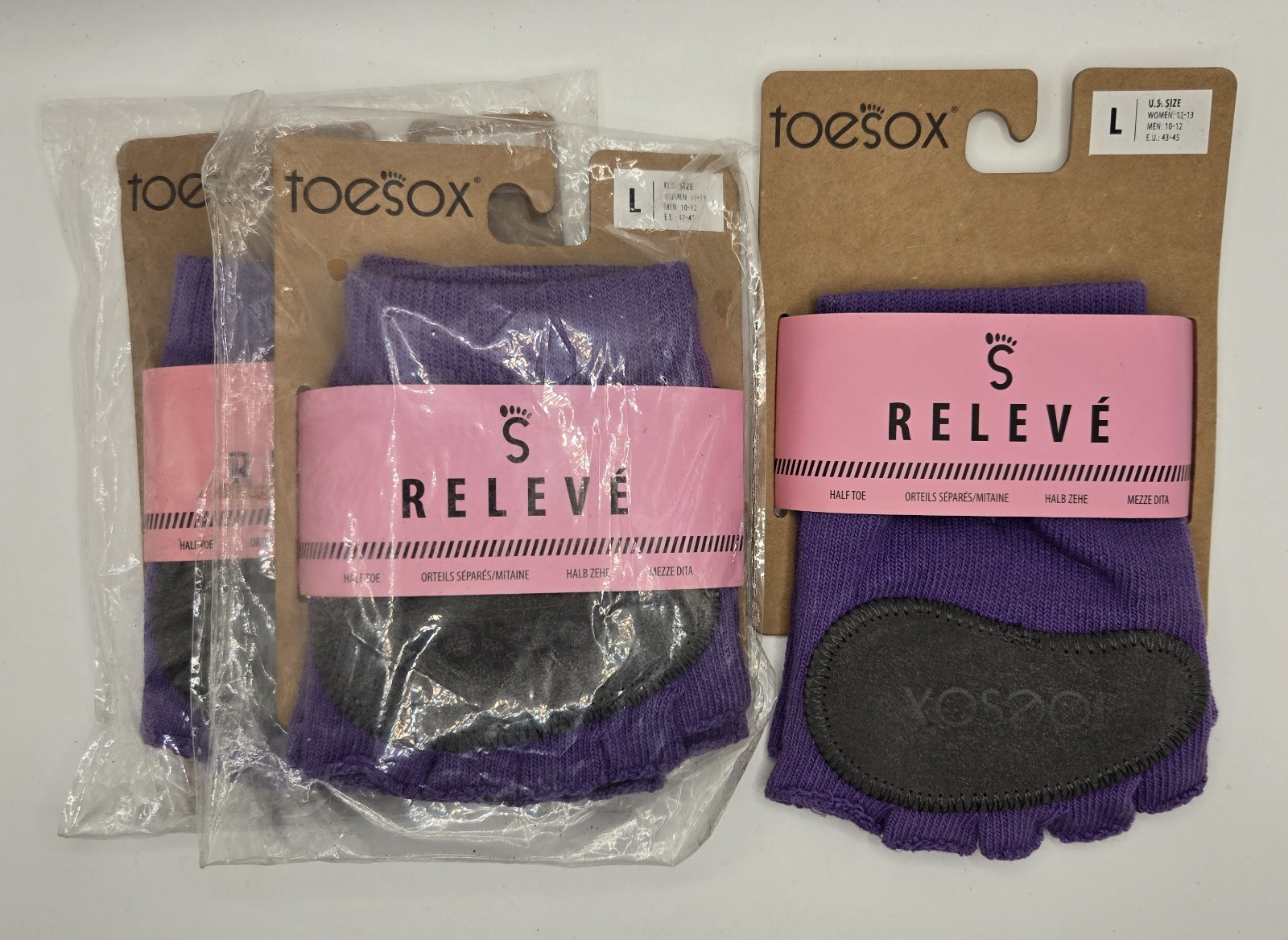 Toesox LOT 3 SETS Half Toe Releve Light Purple Organic Cotton Pilates Dance Sz L