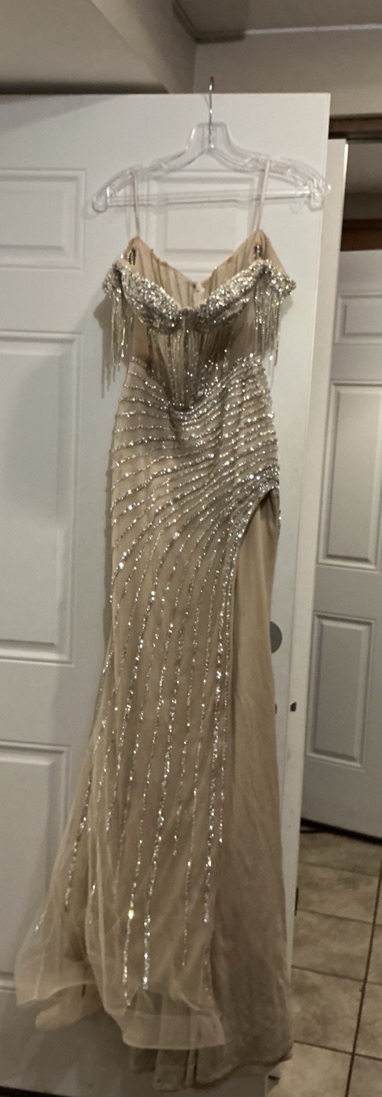 Ladivine by Cinderella Divine Beige Silver Rhinestone Off-Shoulder gown Size 2