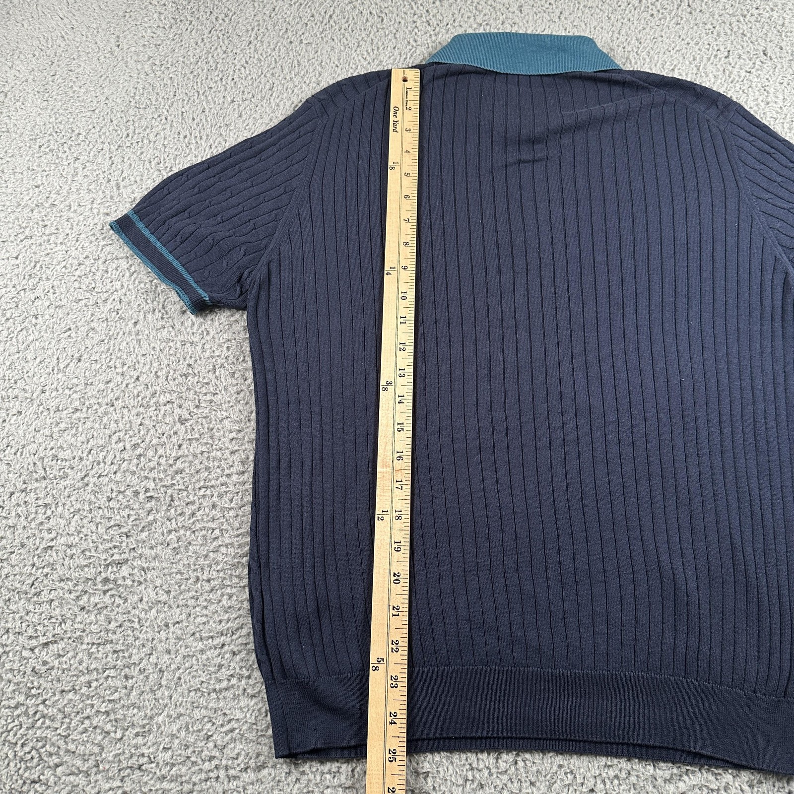 Corneliani Cable Knit Polo Shirt Mens 48 Blue Silk Cotton Short Sleeve Italy