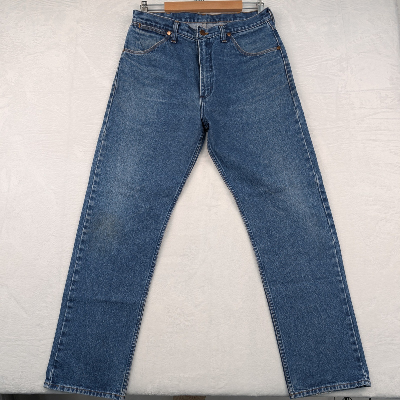 VTG Wrangler Jeans Men 34×30 Blue Broken Twill Denim Straight Leg Leather 90s