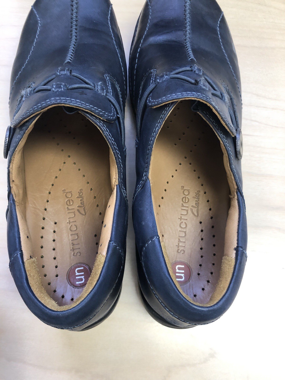 Clarks Structured Un Loop Dark Marine Blue Leather Flat Slip-On Shoes 9.5M