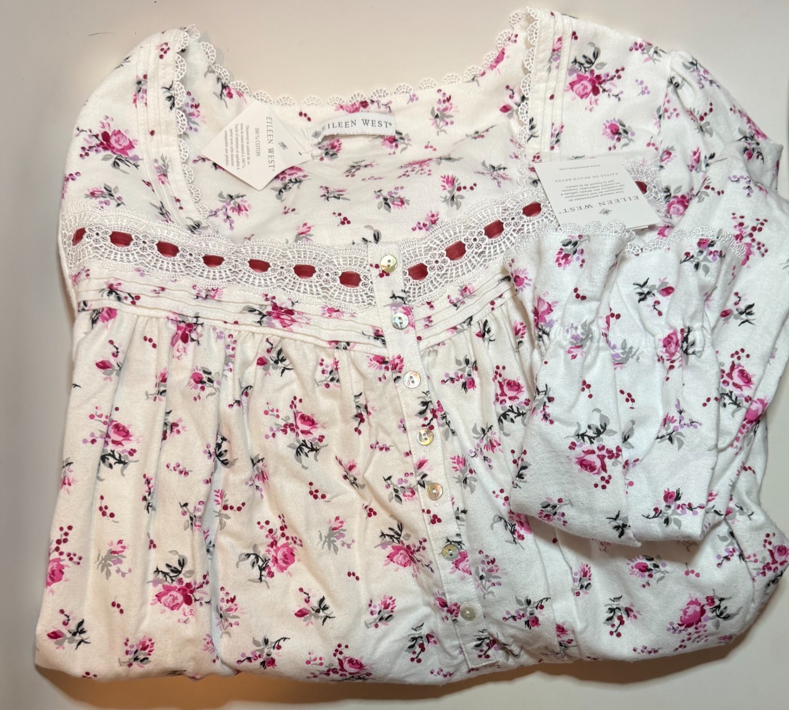 NWT Eileen West Cotton Flannel Long Sleeve Ballet Nightgown Floral Size Large
