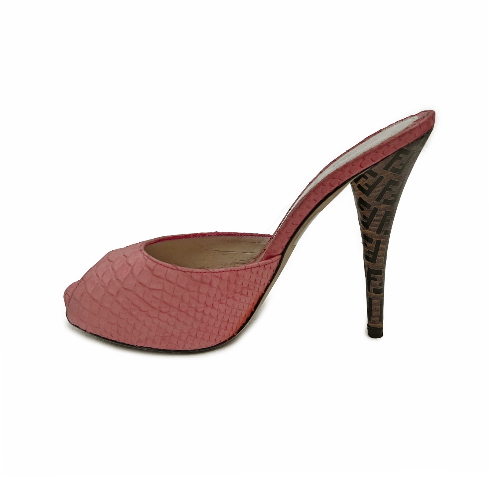 Fendi Zucca Print Heel Coral Pink Snakeskin Peep Toe Mules US: 8,5 / EUR: 38,5