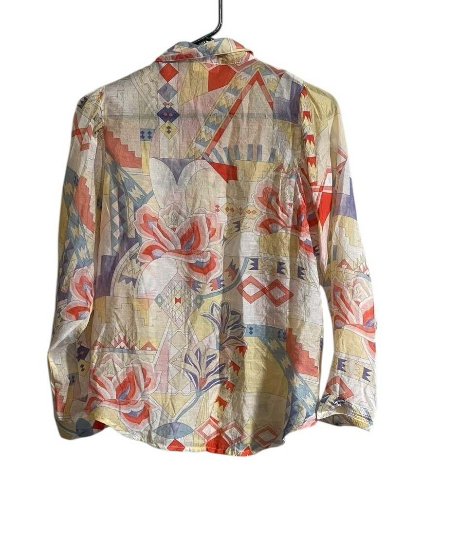 Season Women Med Blouse Lightweigt Semi Sheer Absract Colorful Flowy Button