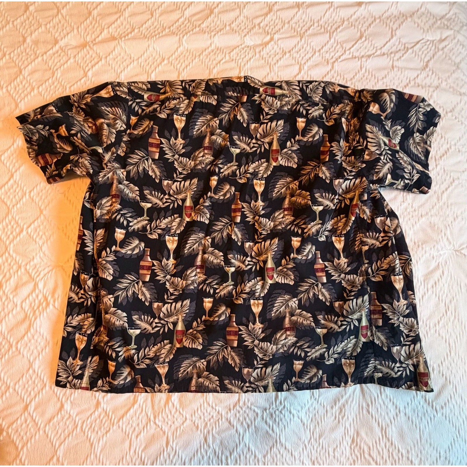Campia Moda Mens Large Vintage Hawaiian Shirt Beer Tropical Leaf Cotton Navy L