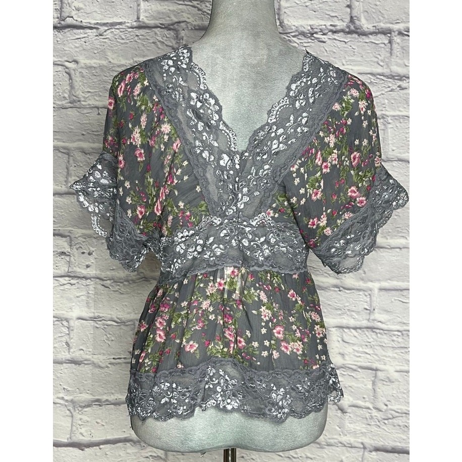 Passport Floral Sheer Boho Cottagecore Kaftan Style Blouse with Lace Trim