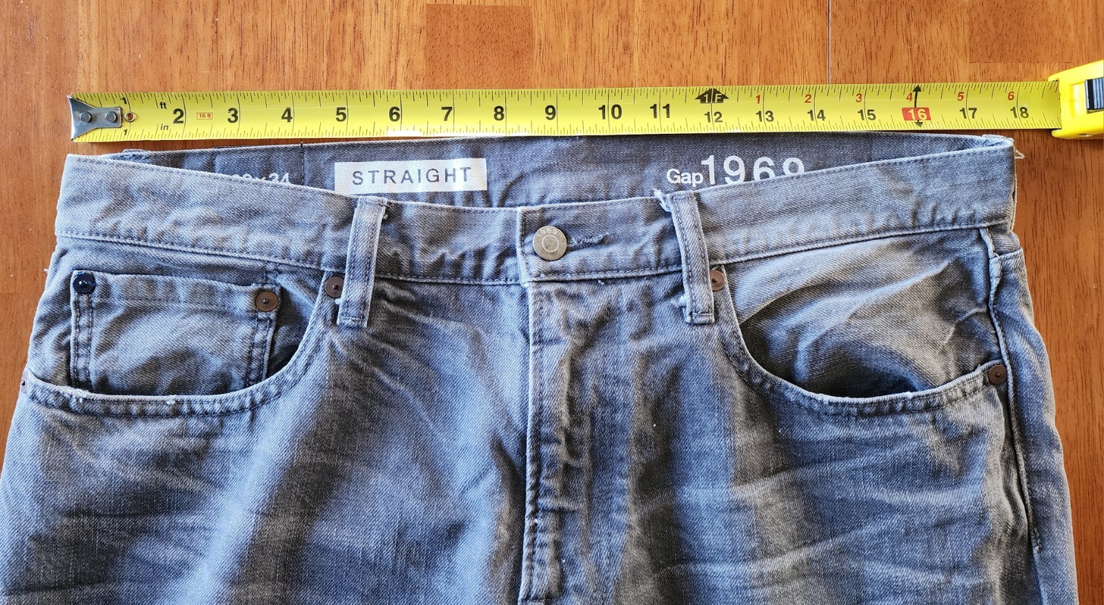 Gap 1969 Men’s Straight Jeans 33×34 Gray Faded Distressed 100% Cotton Denim male