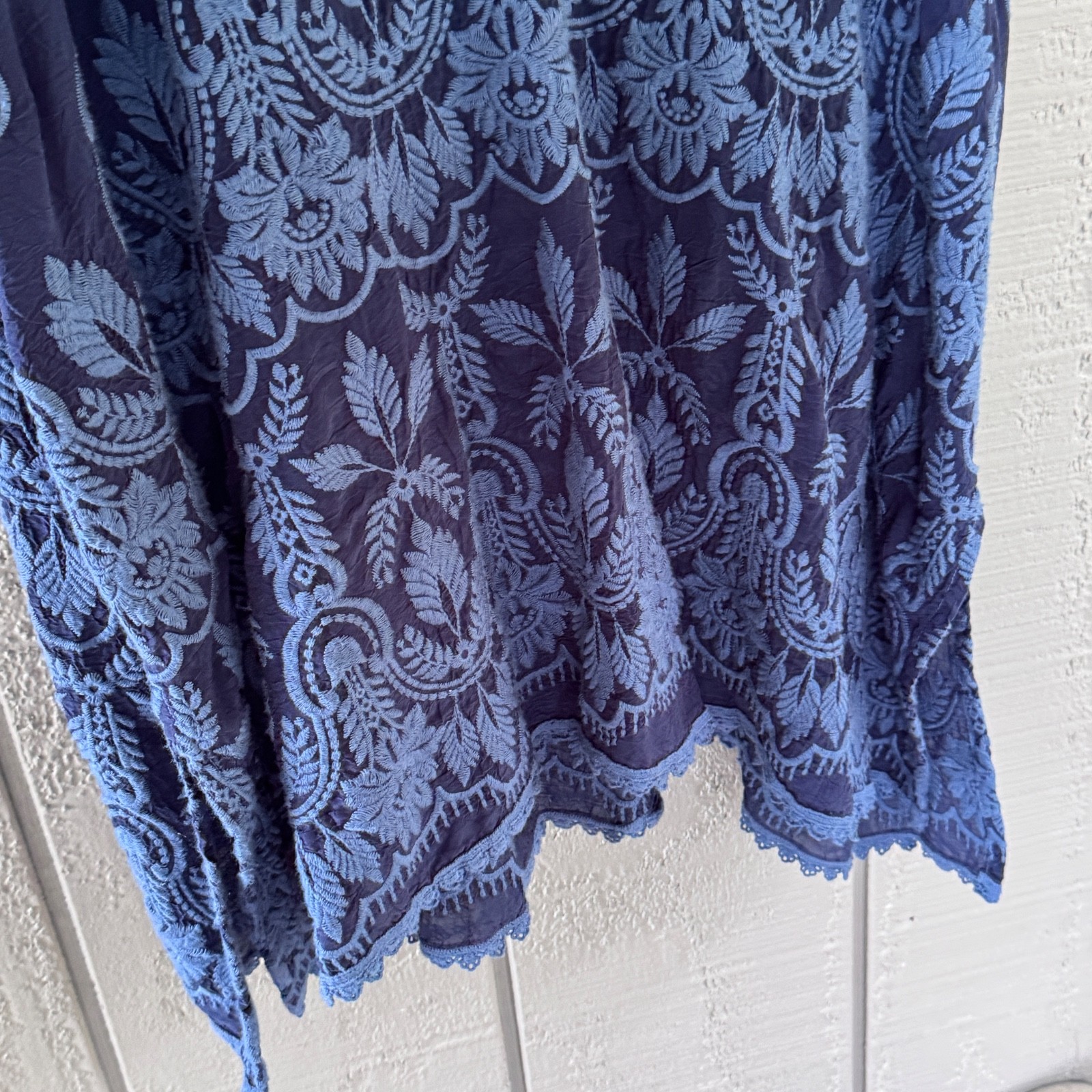 Johnny Was Navy Embroidered Tunic Dress XL Cupra Rayon Lace Trim Boho Floral