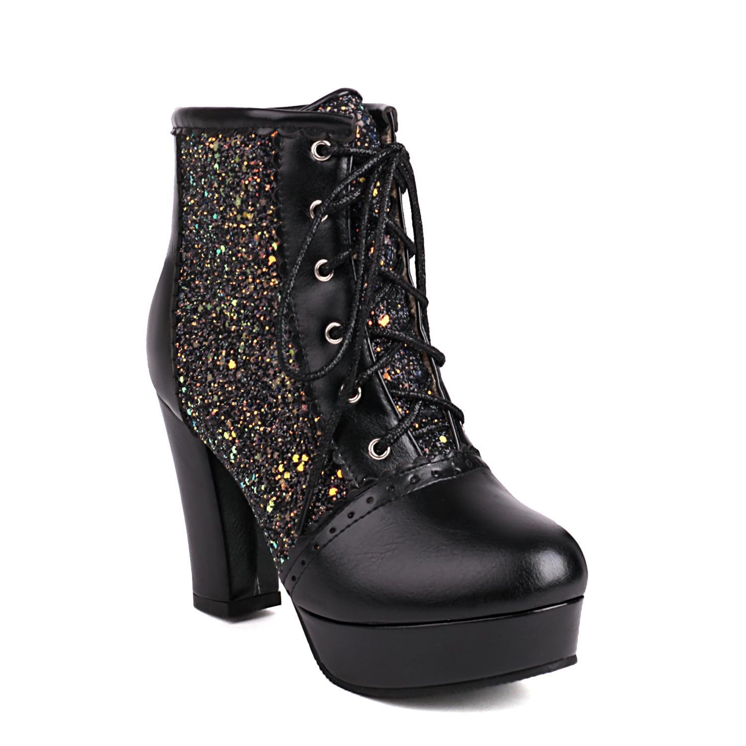 Ankle Boots High Heel Glitter Sequin Shiny Leather Platform Women’s Shoes Stage