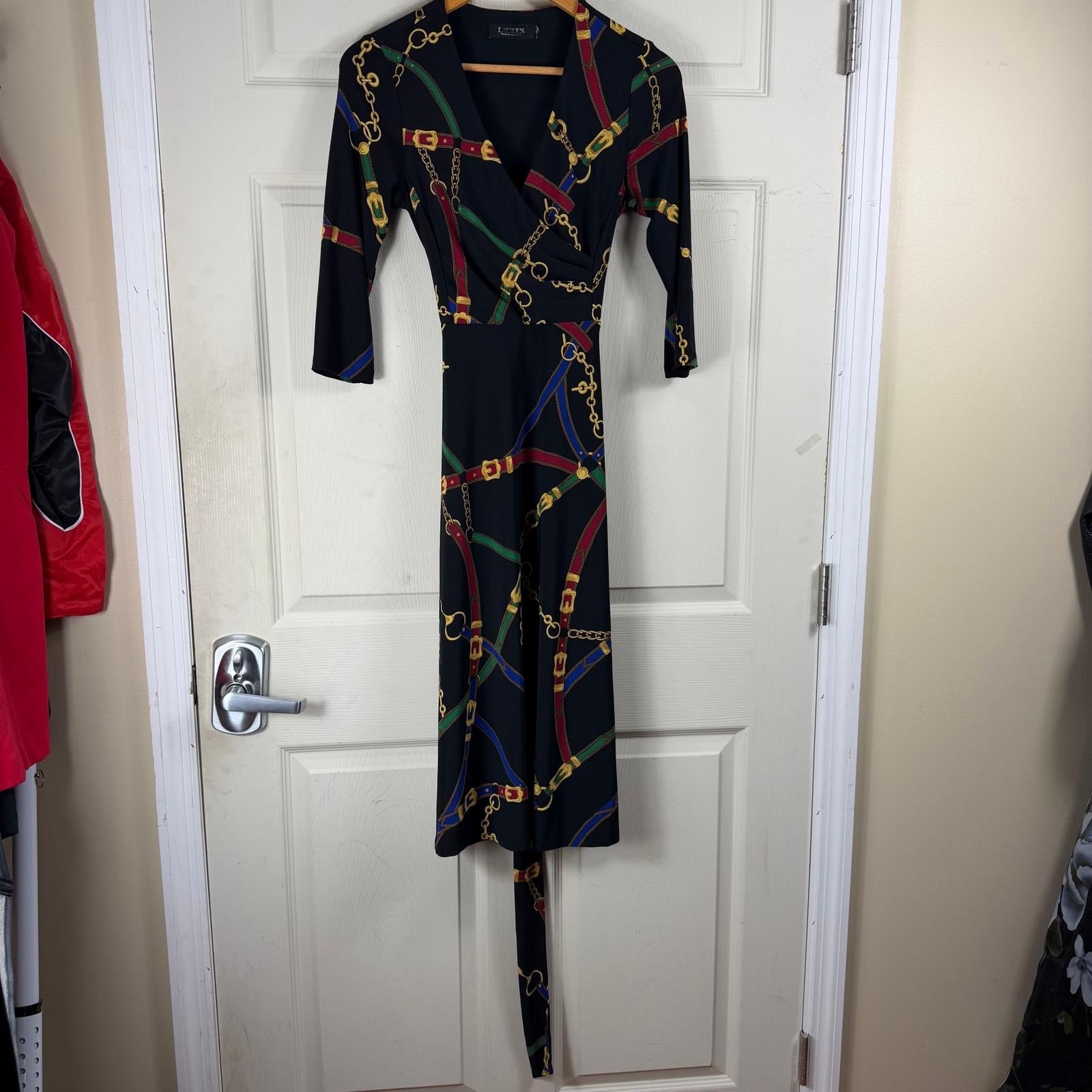 Lauren Ralph Lauren Equestrian Chain Print Faux Wrap Midi Dress Black Red Small