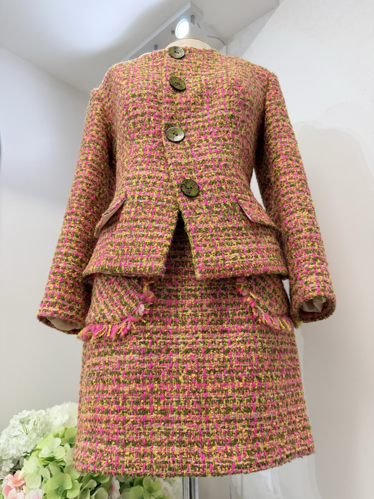 Pink Multi Tweed Fringe Blazer Jacket And Skirt M Floral Print Lining