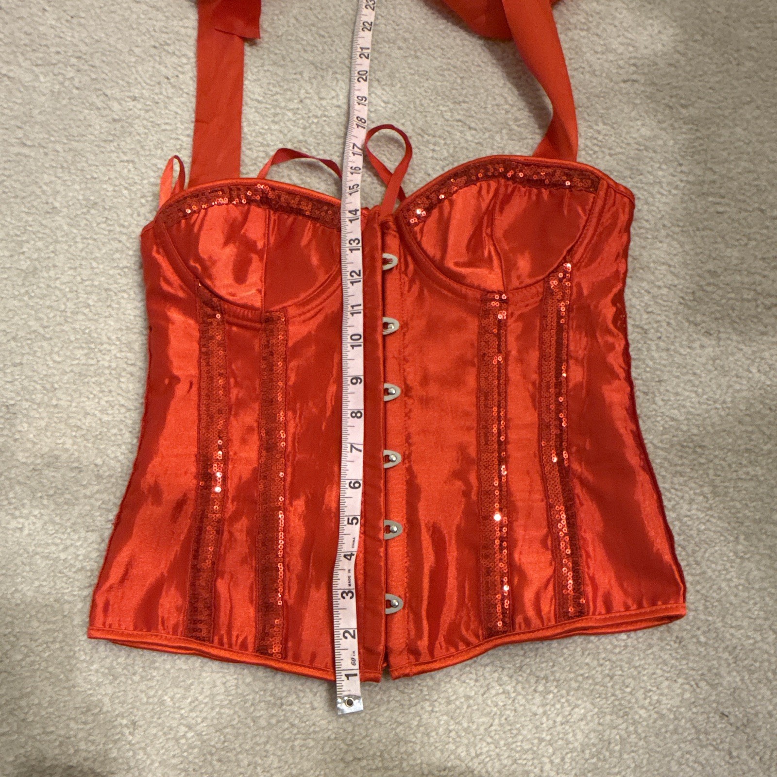 Red Satin Sequin Overbust Corset Bustier Halter Lace-Up Boned Underwire L